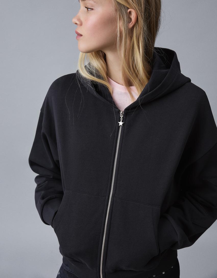 Nakışlı kapüşonlu fermuarlı sweatshirt-Denizci mavisi