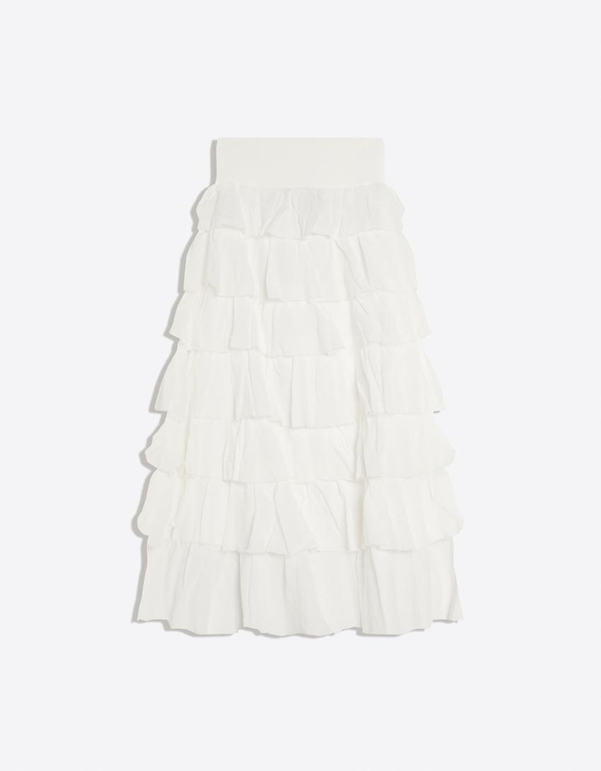 Saia midi rústica com babados-Off-white