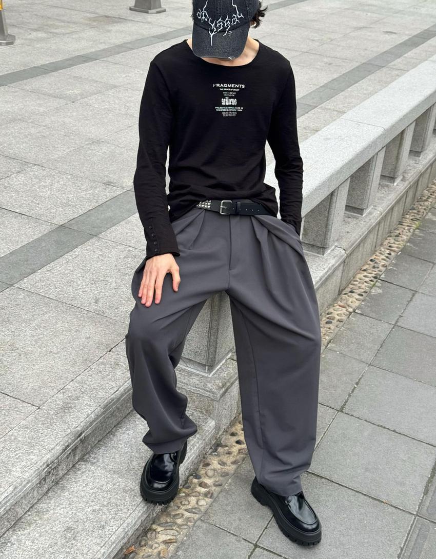 Uzun kollu slim fit baskılı tişört-Siyah