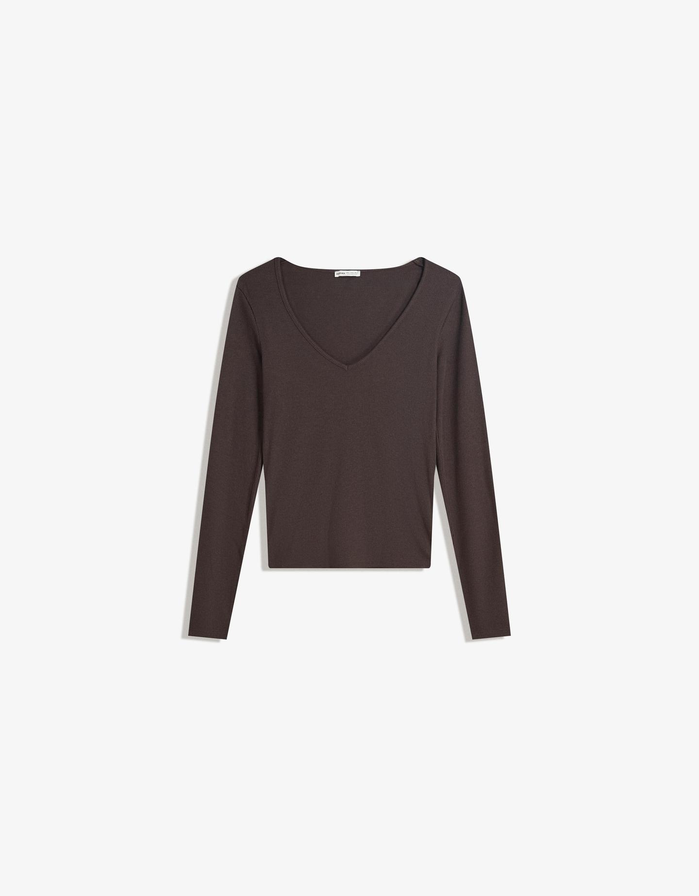 Bershka koszulka z długim rękawem i dekoltem w serek brązowy