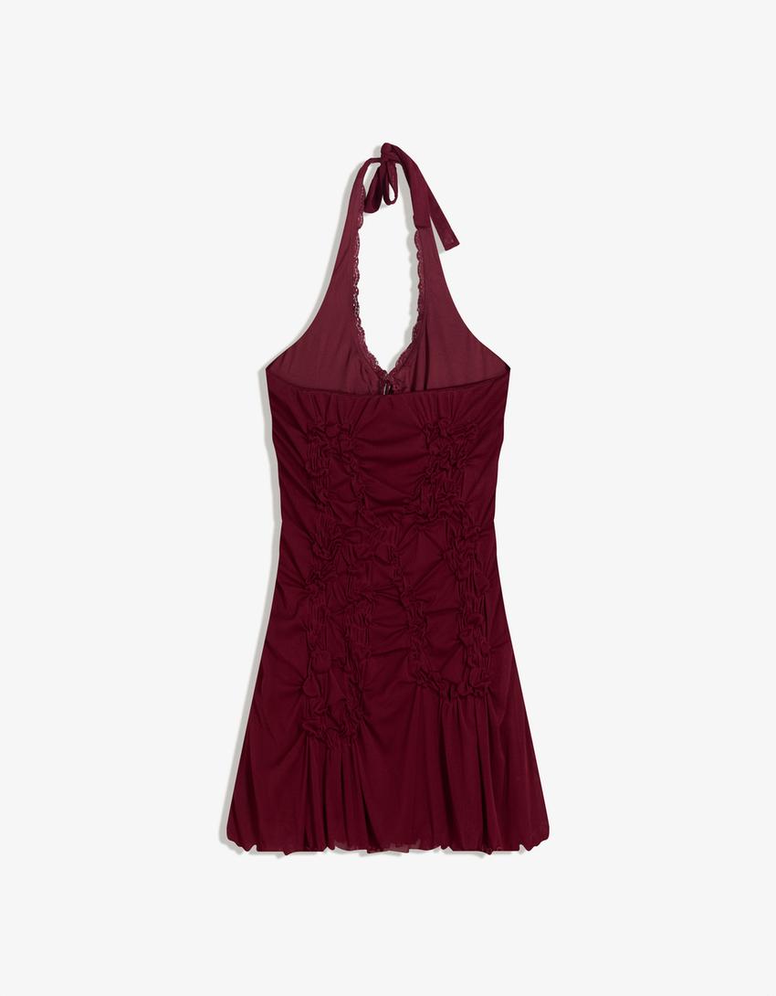 Gathered lace mini dress-Maroon