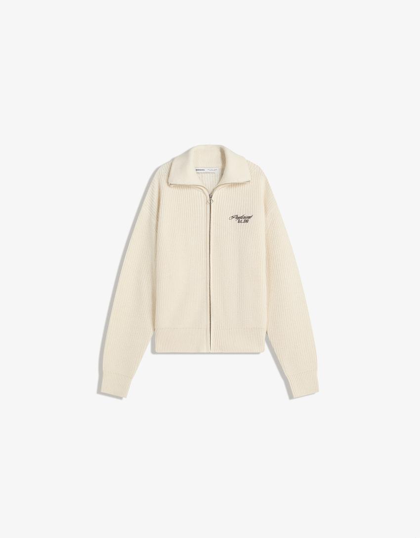 Veste zippée brodée-Blanc cassé-4