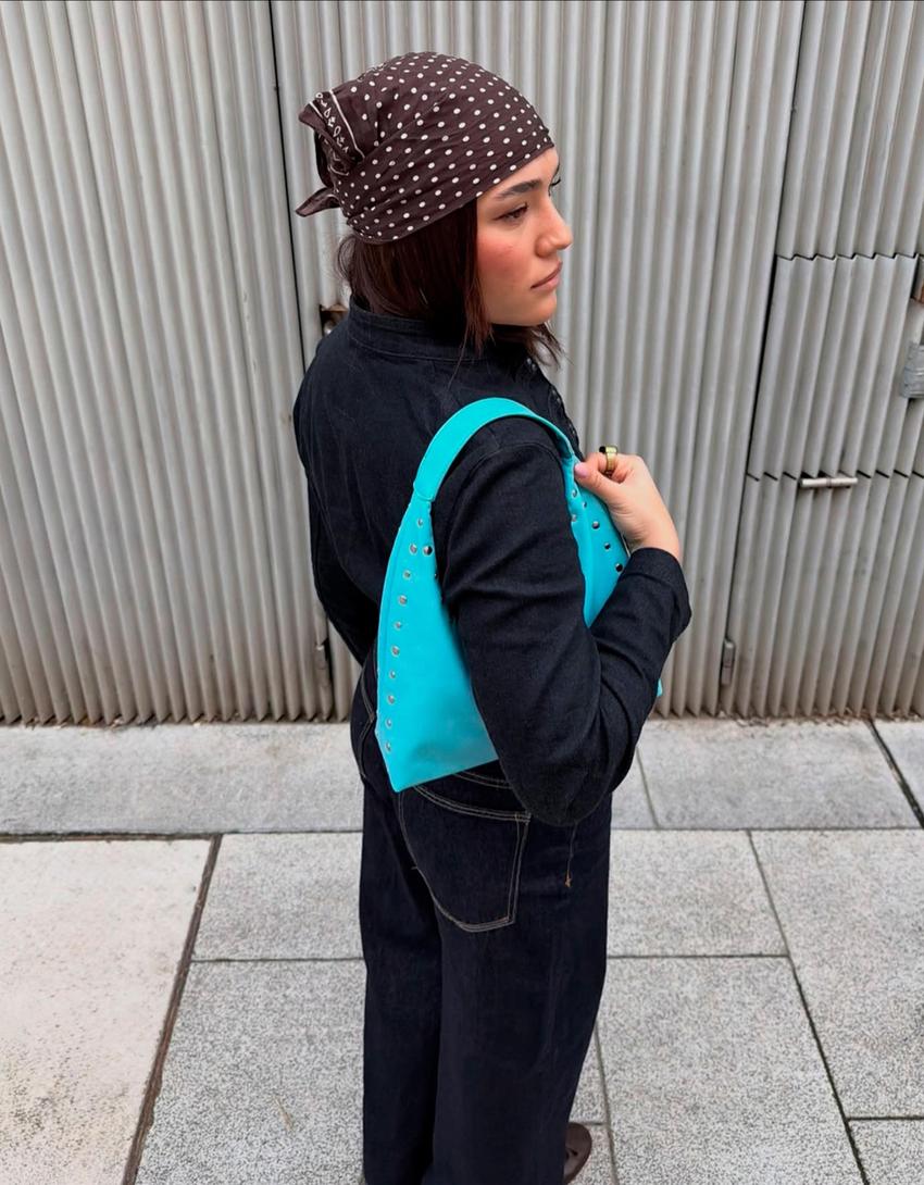 Studded leather effect bucket bag-Light blue