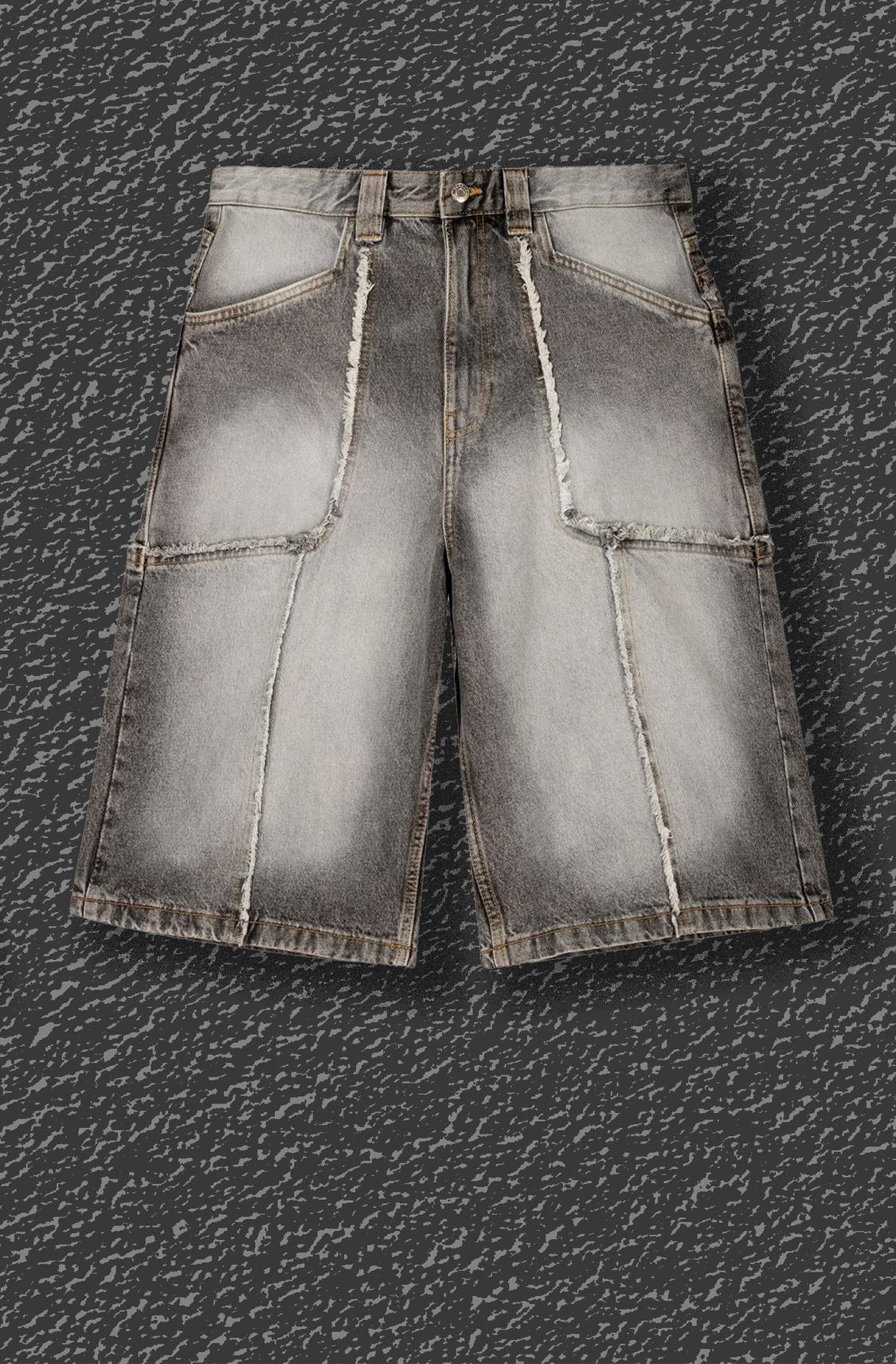 Baggy denim Bermuda shorts with fringing