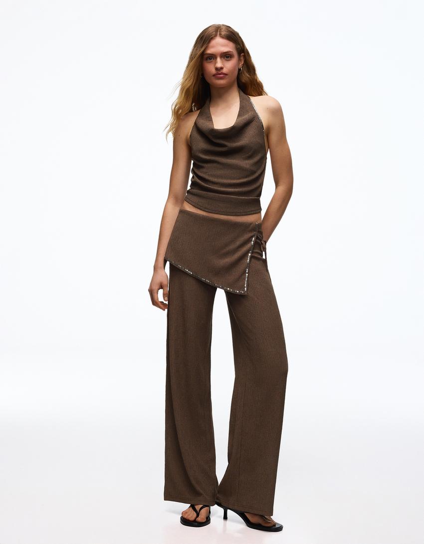 Sequinned halter top-Brown