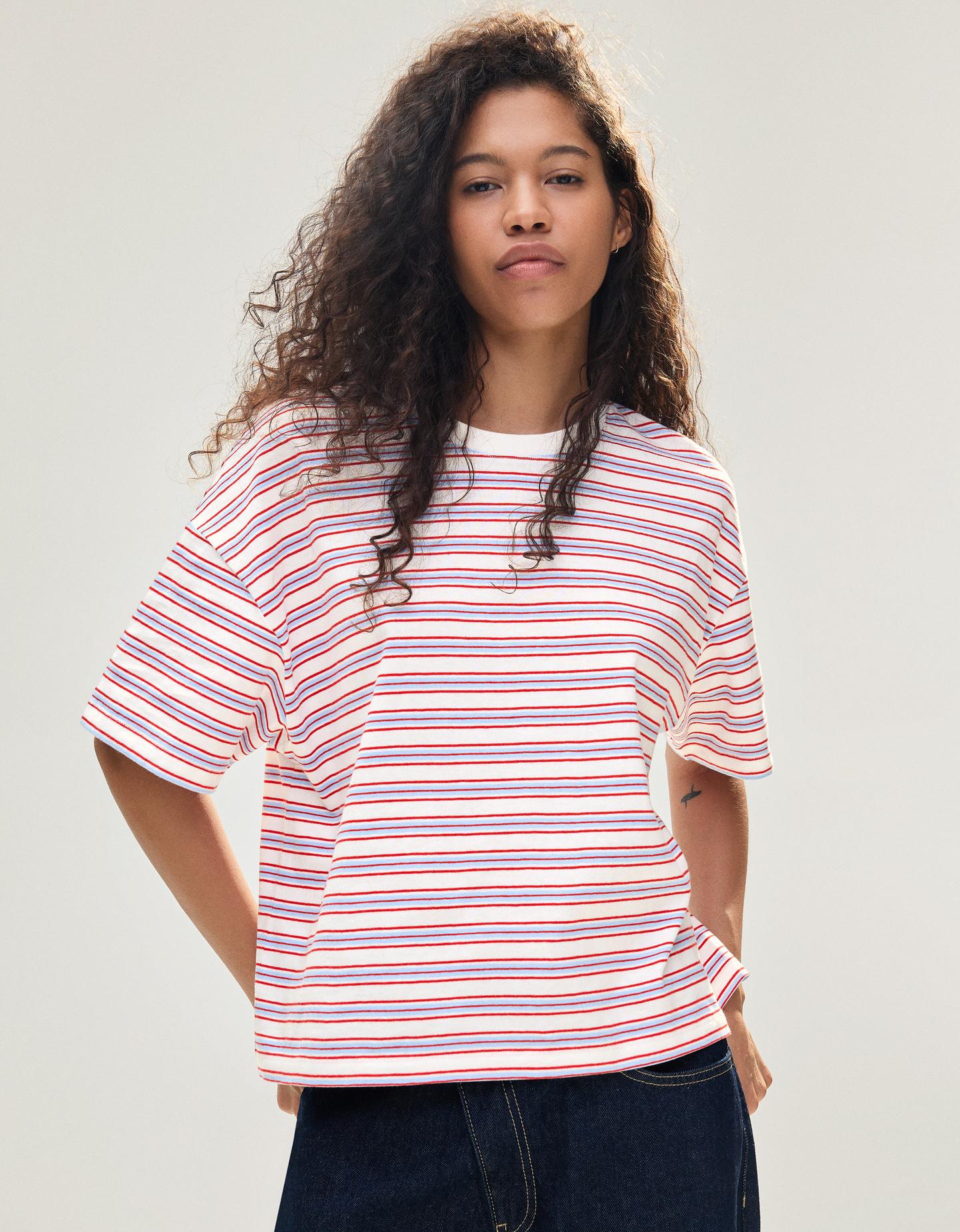 Bershka Camiseta Boxy Fit Rayas Mujer Blanco