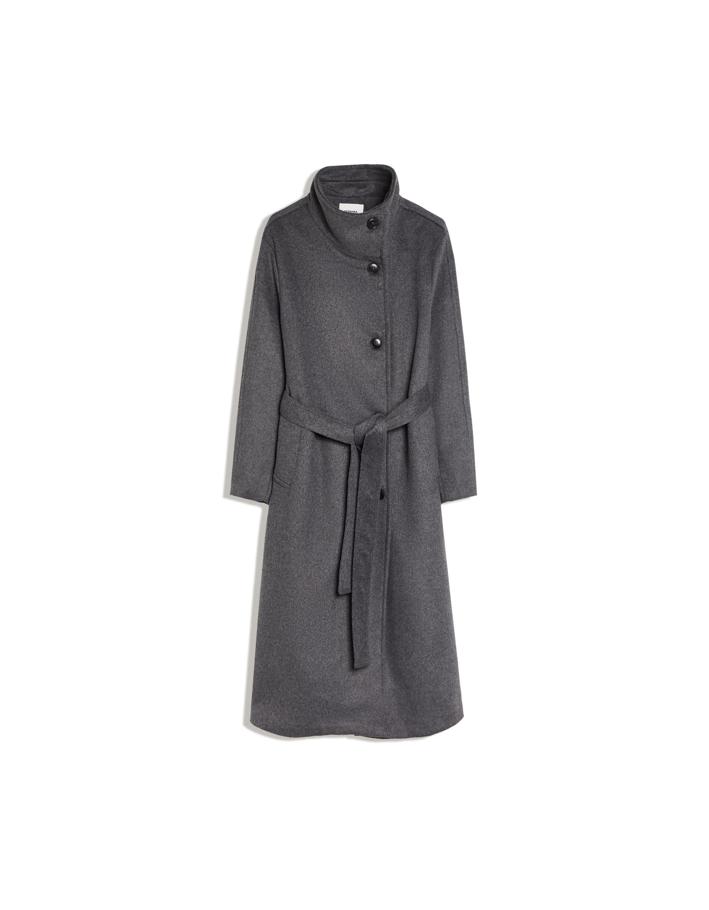 Long funnel neck coat with belt — Dark grey