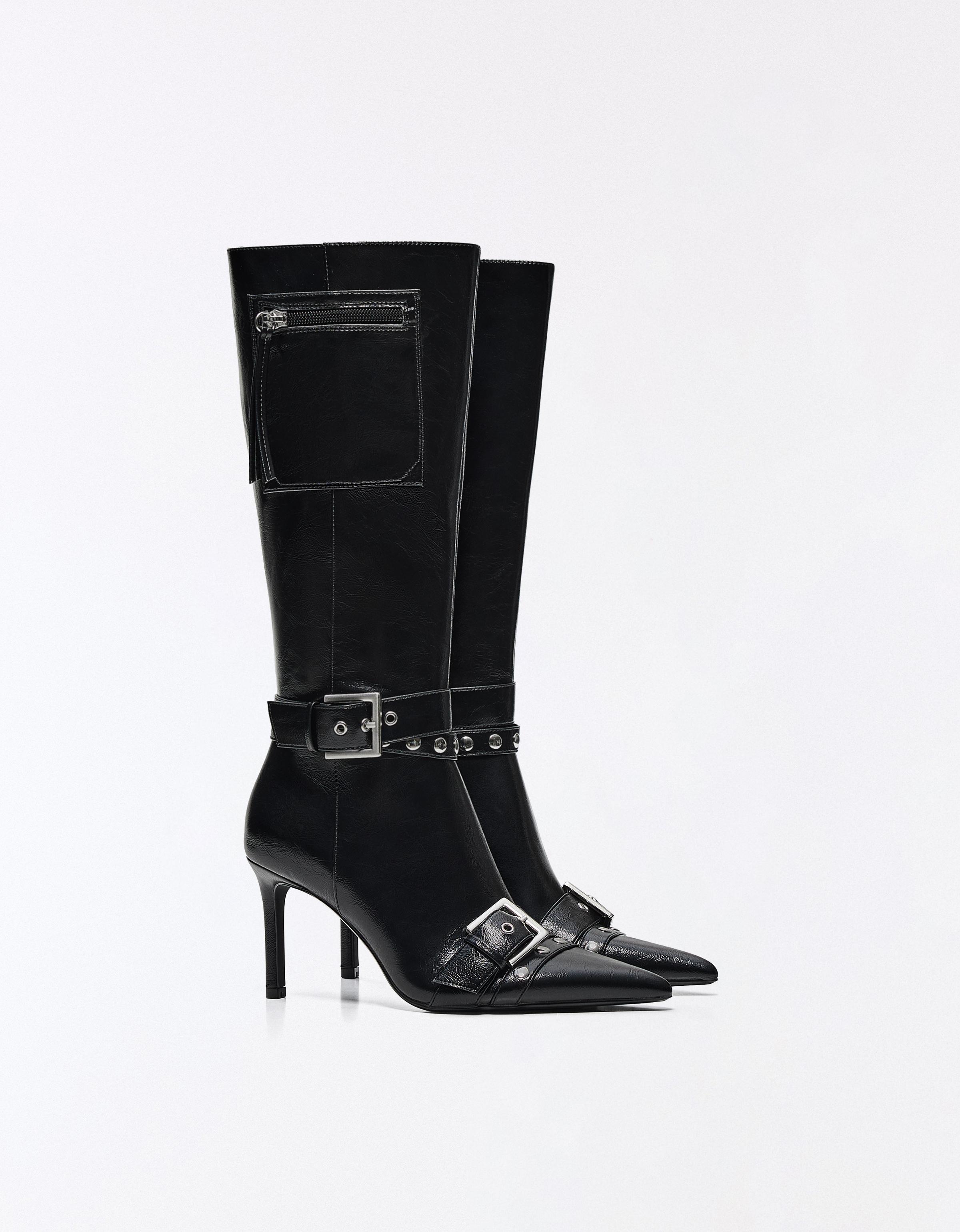 Heeled boots with buckle detail — BLACK