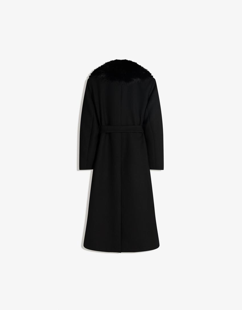 Coat with detachable faux fur collar-Black