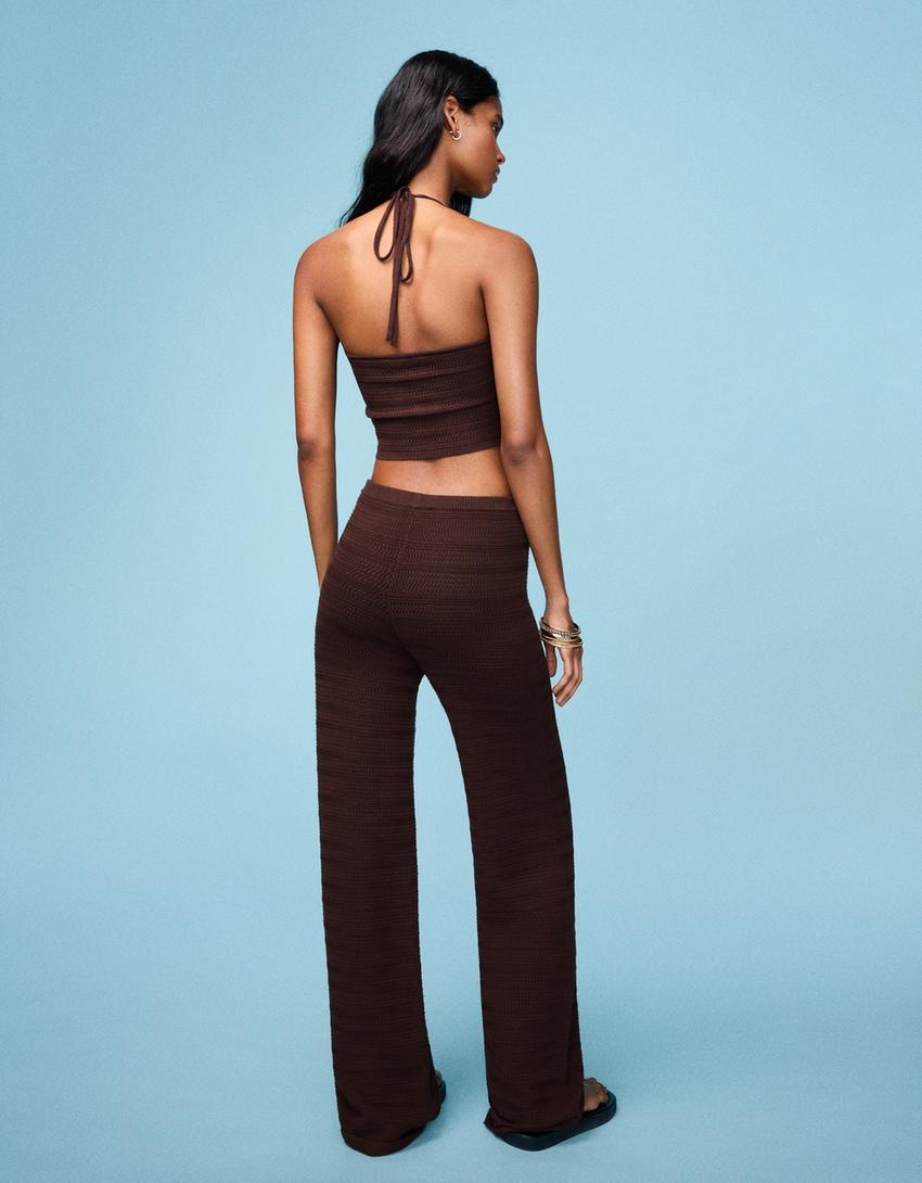 Open knit top and pants set-Open knit top and pants set-1