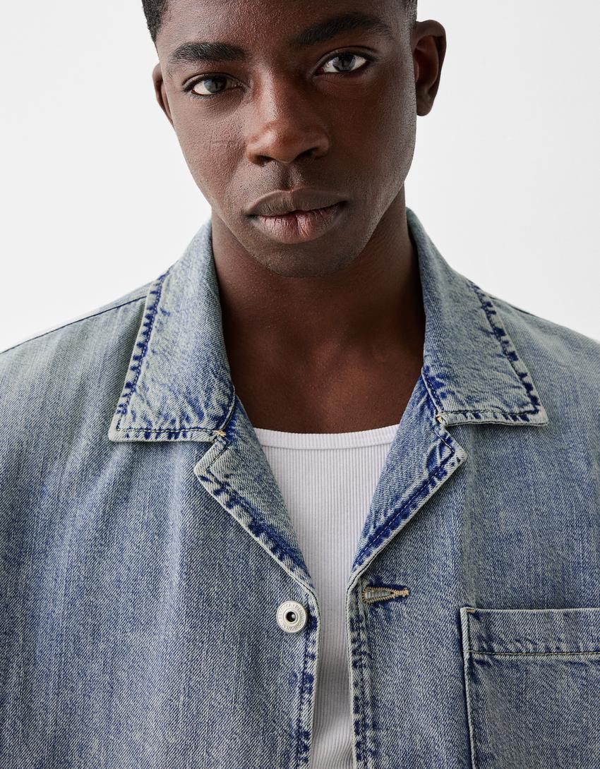 Camisa denim manga curta cropped-Azul lavado-5