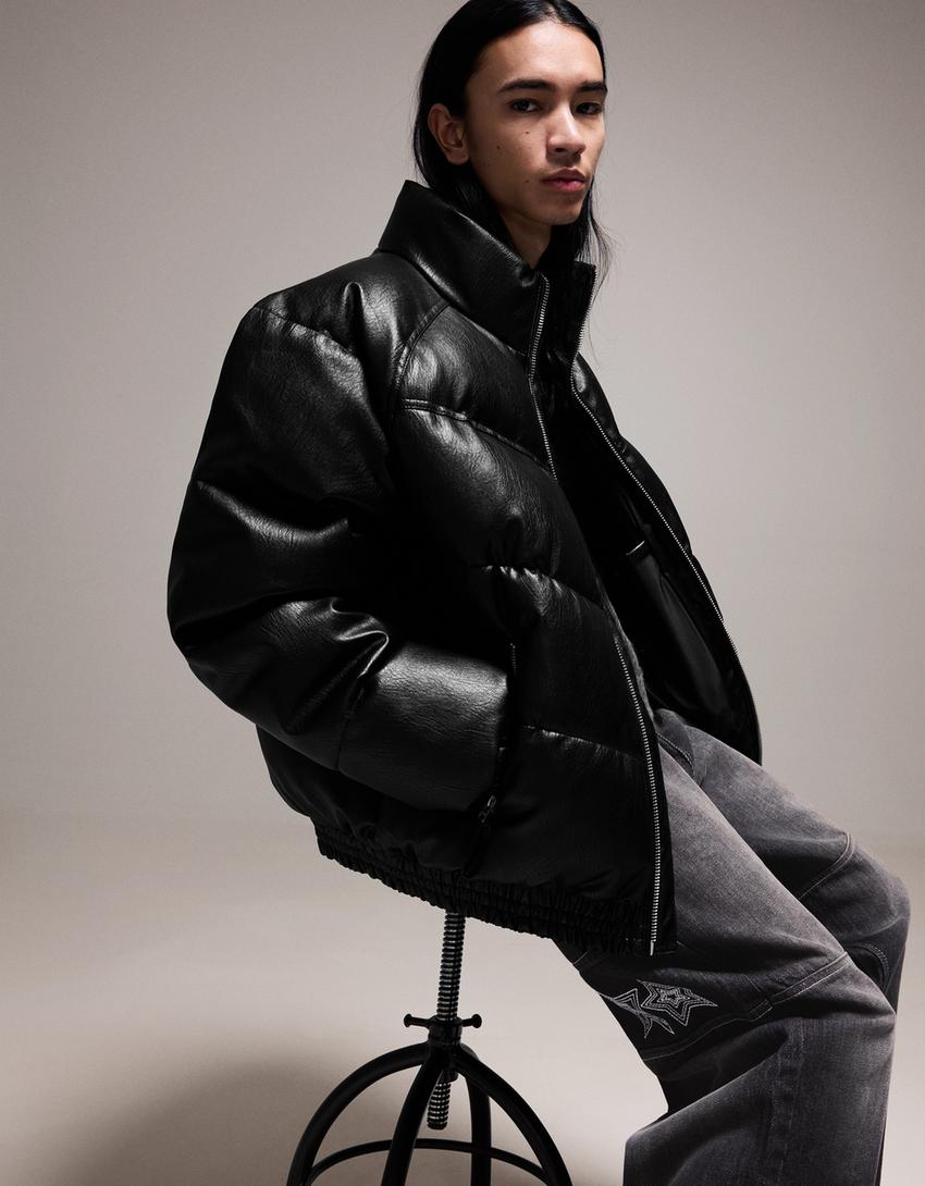 Steppjacke aus Kunstleder-Schwarz