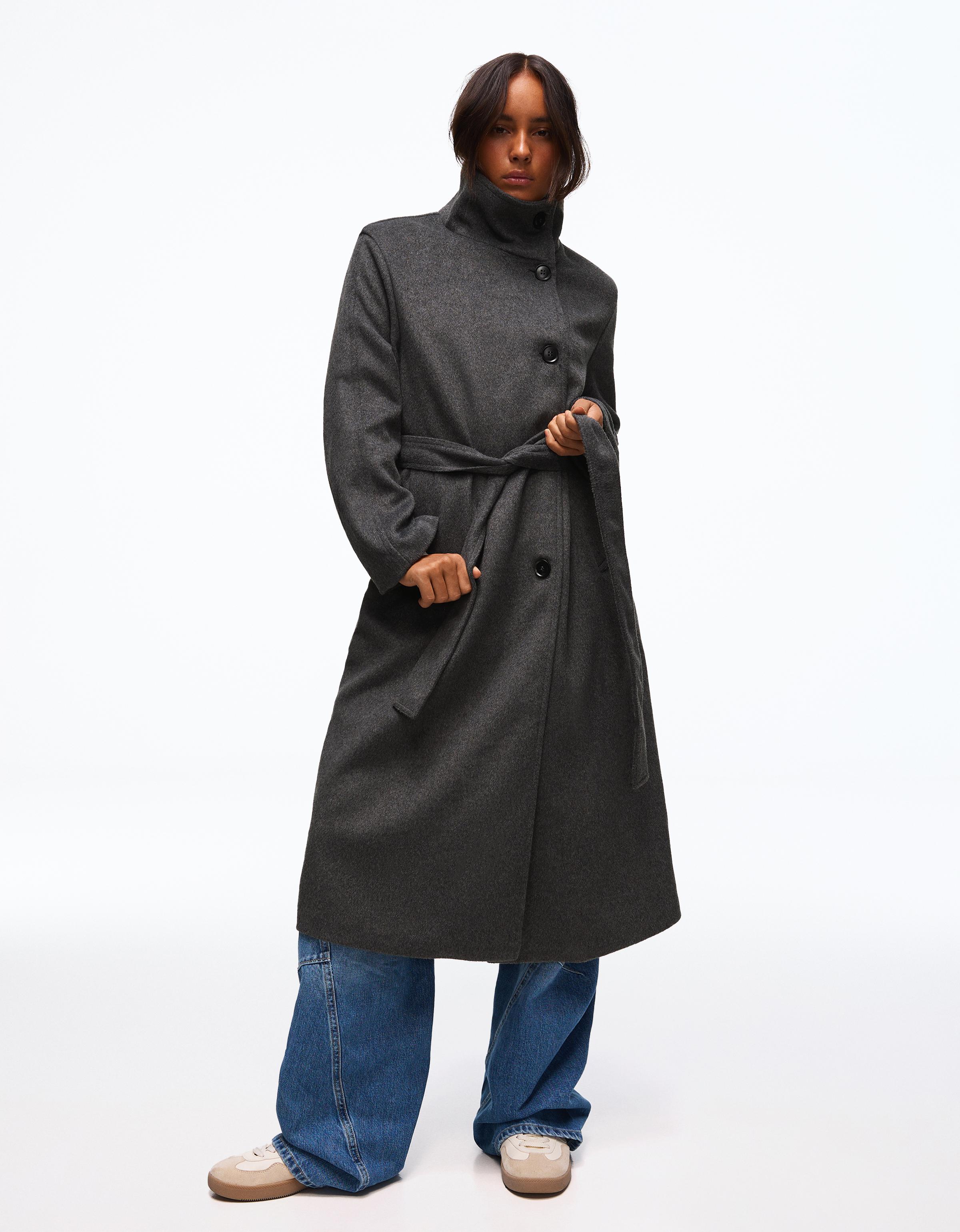 Long funnel neck coat with belt — Dark grey