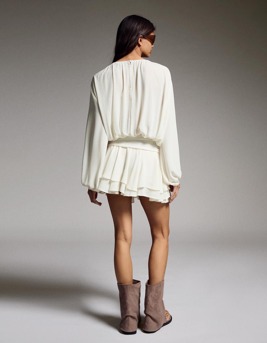 Vestido mini fajín falda vuelo-Beige