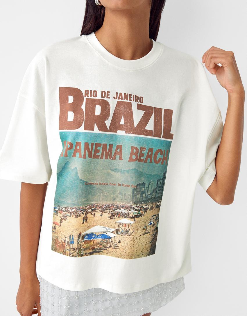 Desenli kısa kollu oversize t-shirt-Krem-2