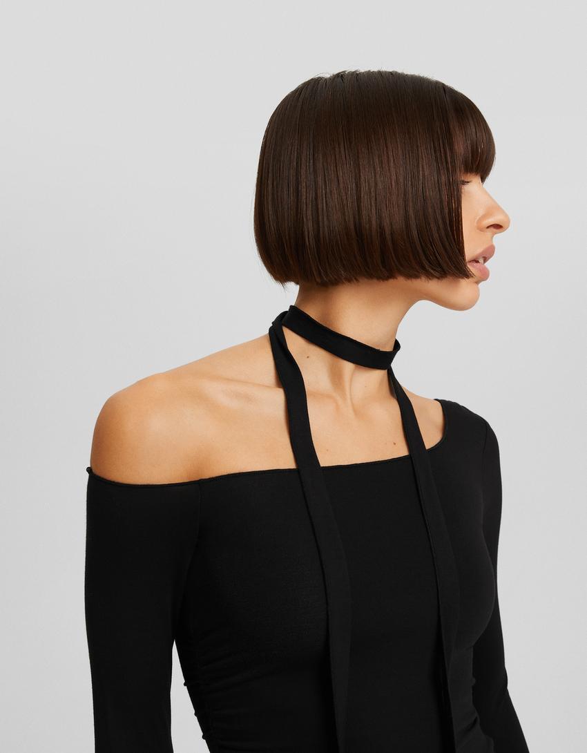 تيشرت وشاح غير متماثل بأكمام طويلة-أسود-2