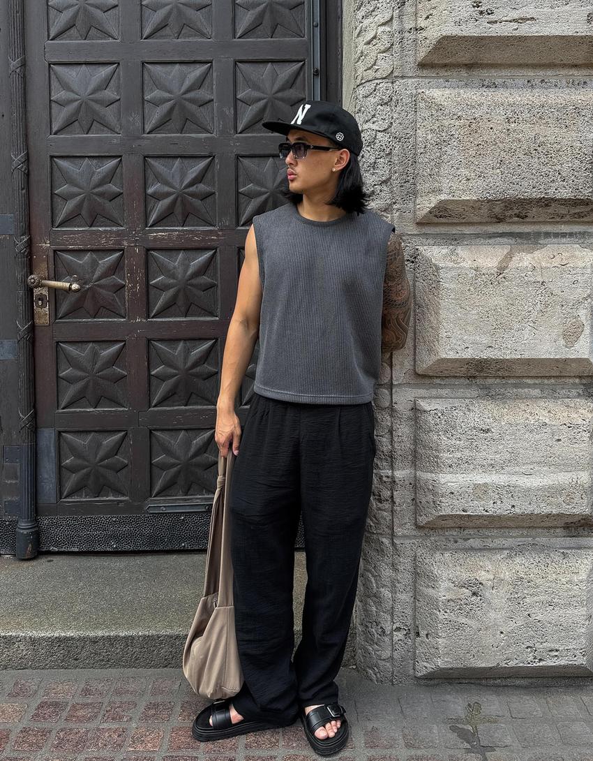Calças wide leg crepe-Preto