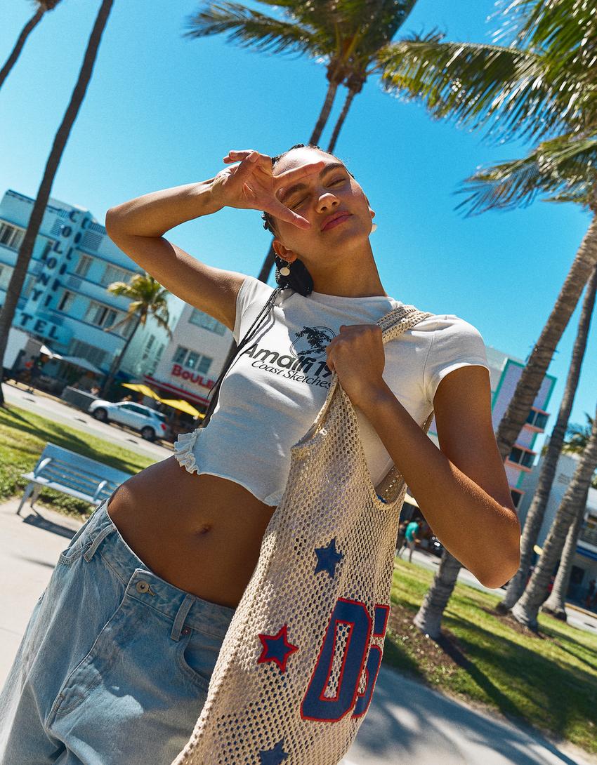 Printed short sleeve T-shirt with ruffles-Off white