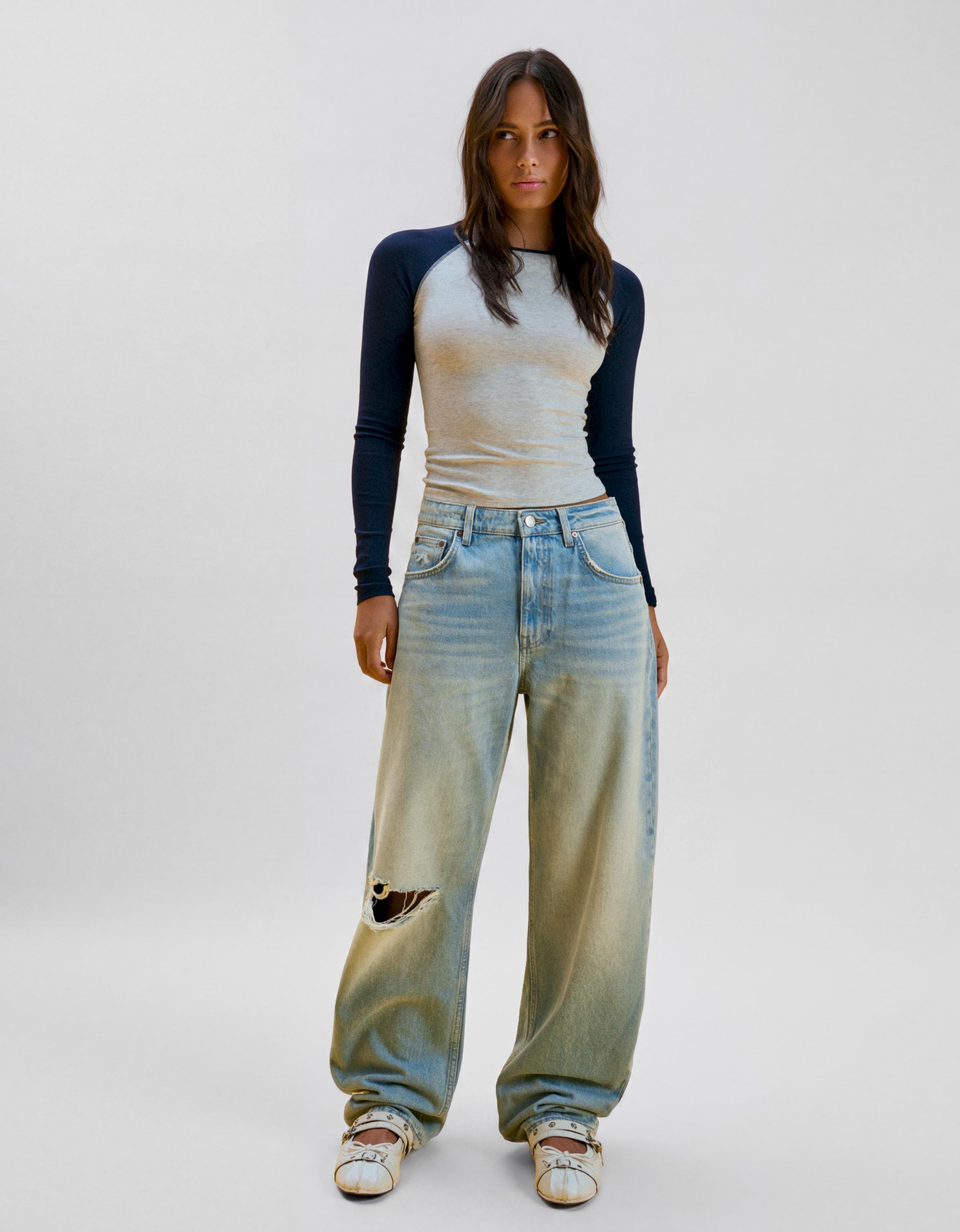 Ripped barrel loose jeans — Light blue