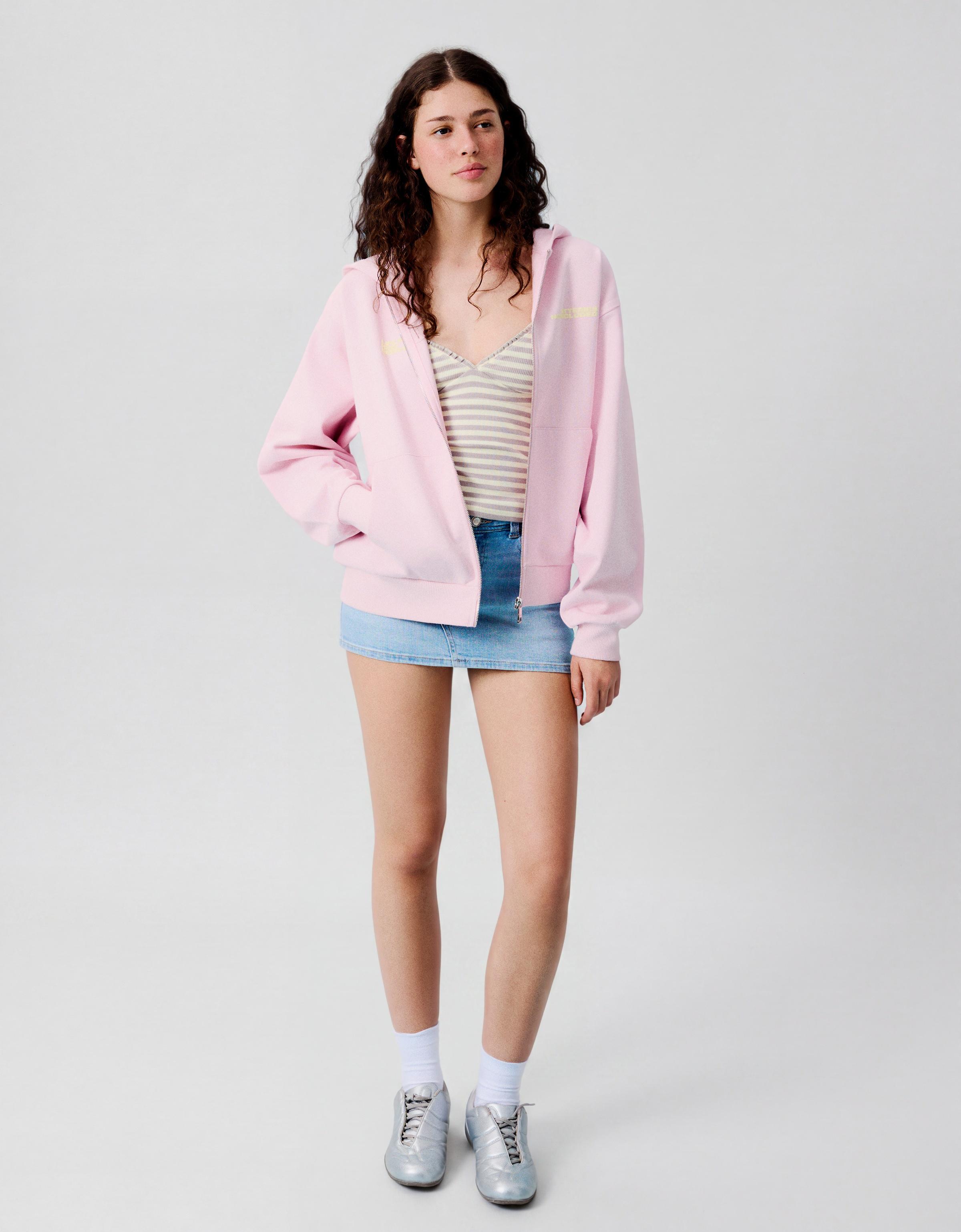 Oversize zip-up hoody with print — Pink