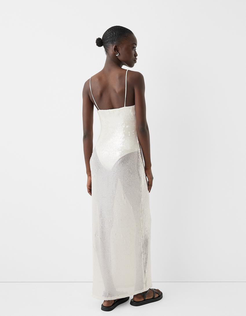 فستان طويل بترتر شفاف-كريمي-2