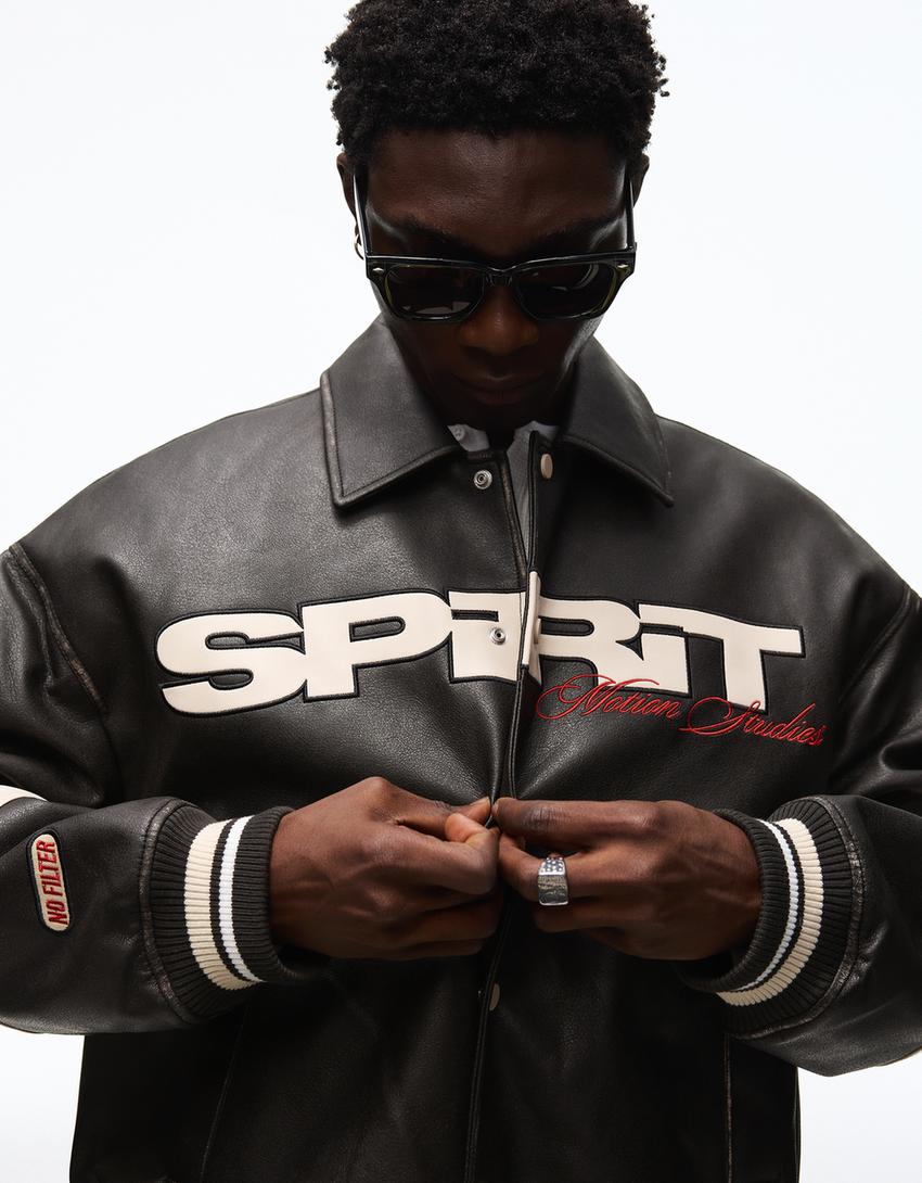 Graphic leather effect jacket-Black