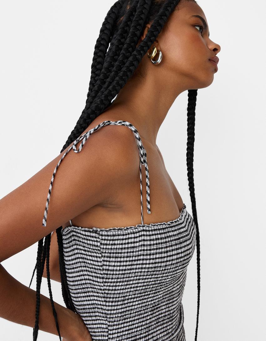 فستان قصير بمربعات خلية النحل-أبيض / أسود-6