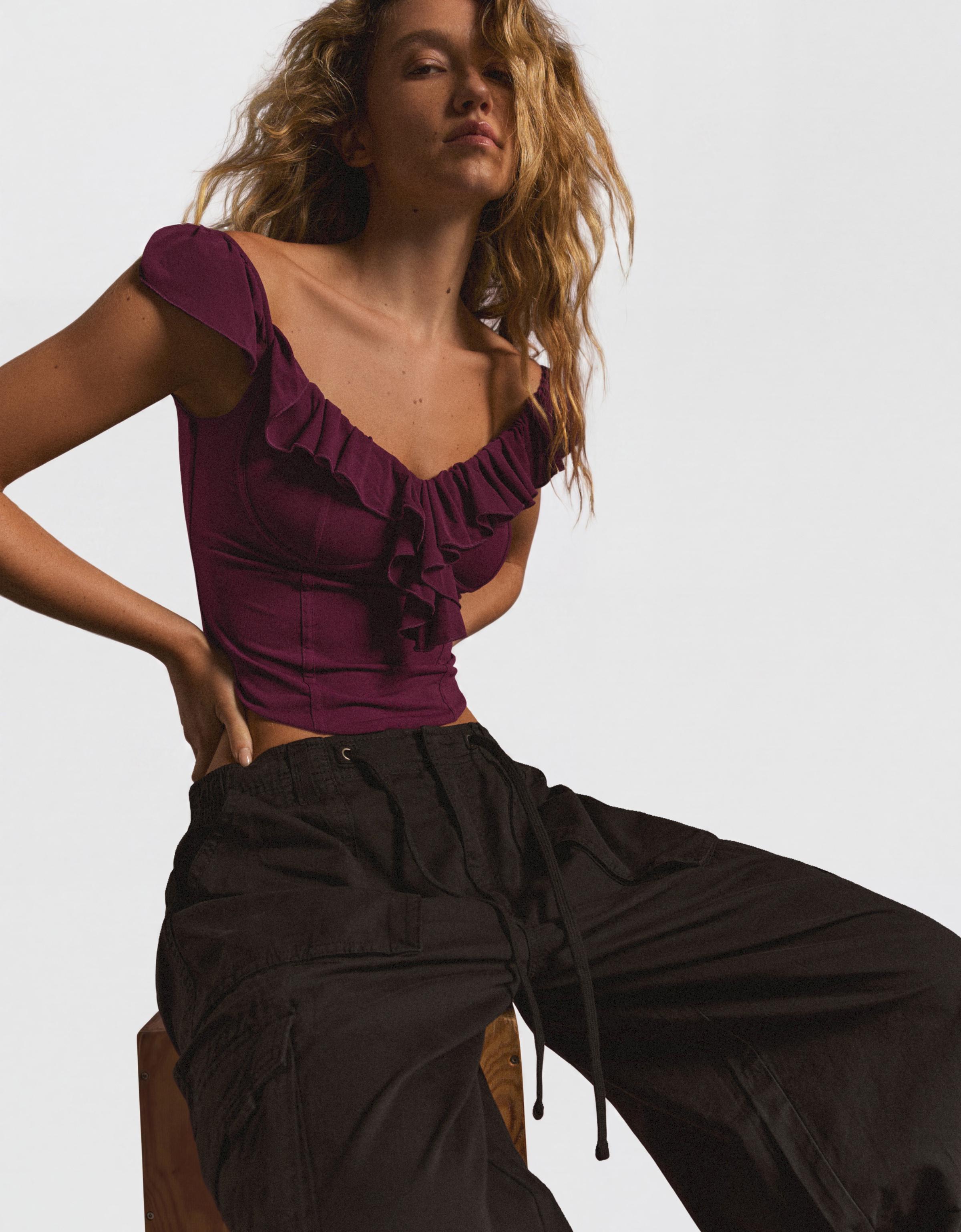 Bardot corset frill top — Burgundy