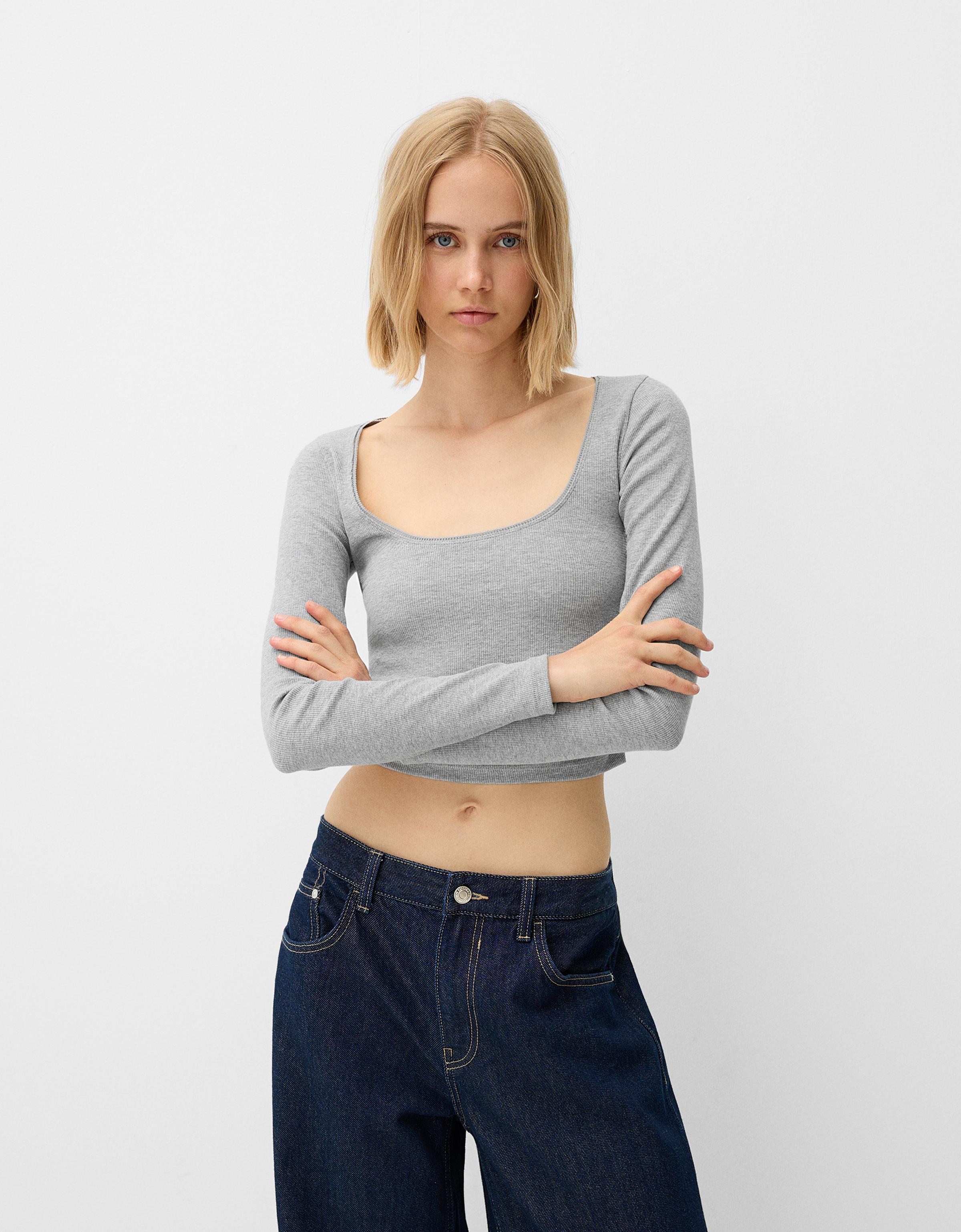 Bershka Body Mit Langen Ärmeln Und Seitlicher Raffung Damen Xs Grau