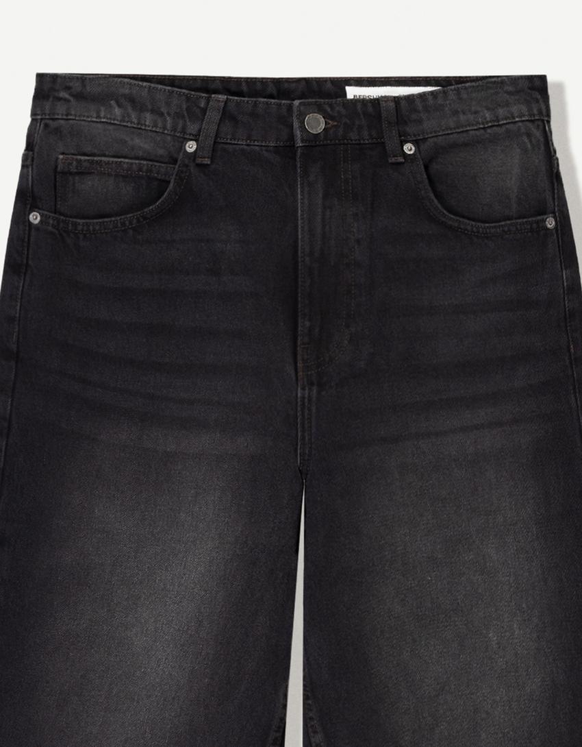 Calções bermuda denim baggy-Preto