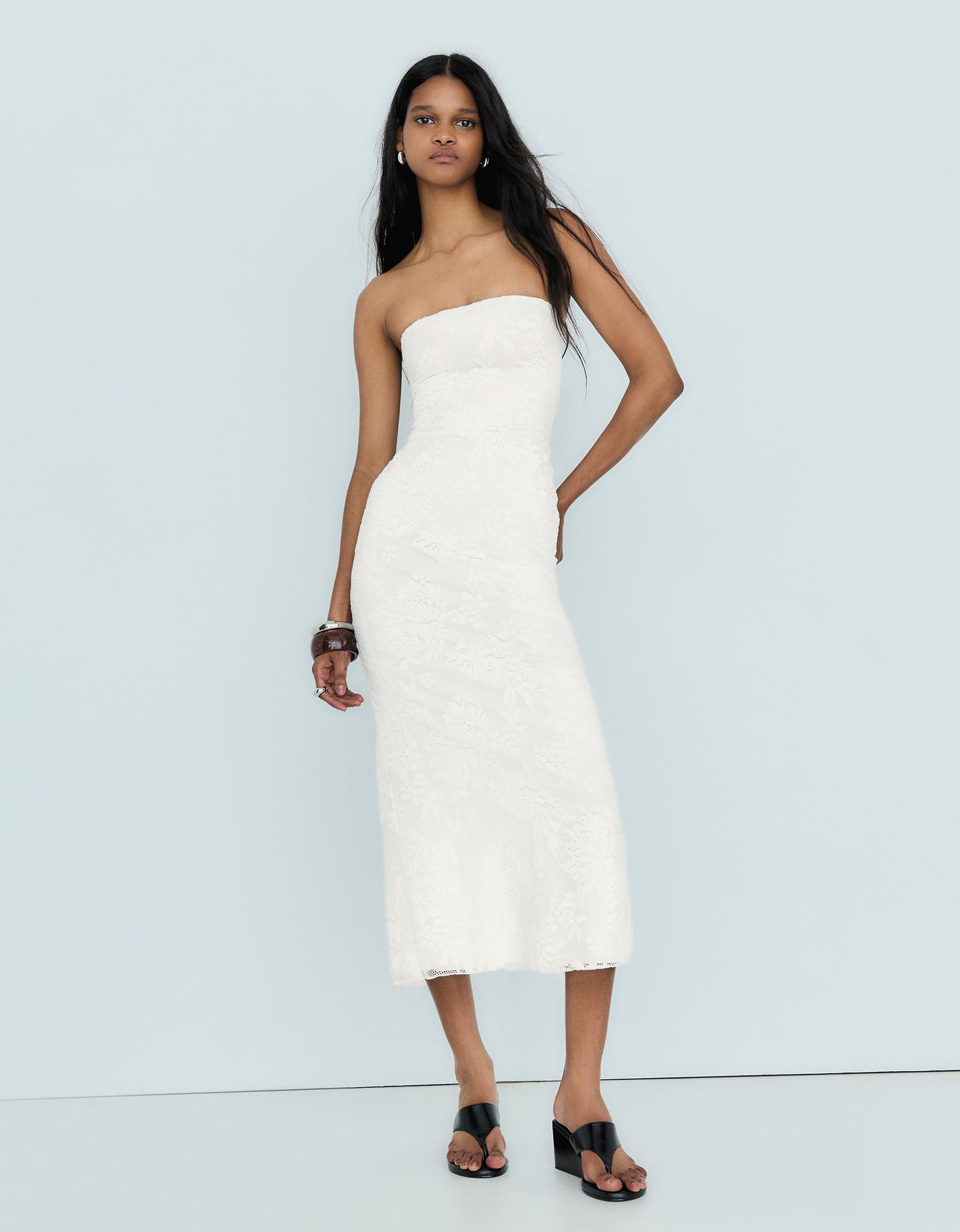 Bershka Vestito Midi A Fascia Misto Lino Donna Xs Avorio