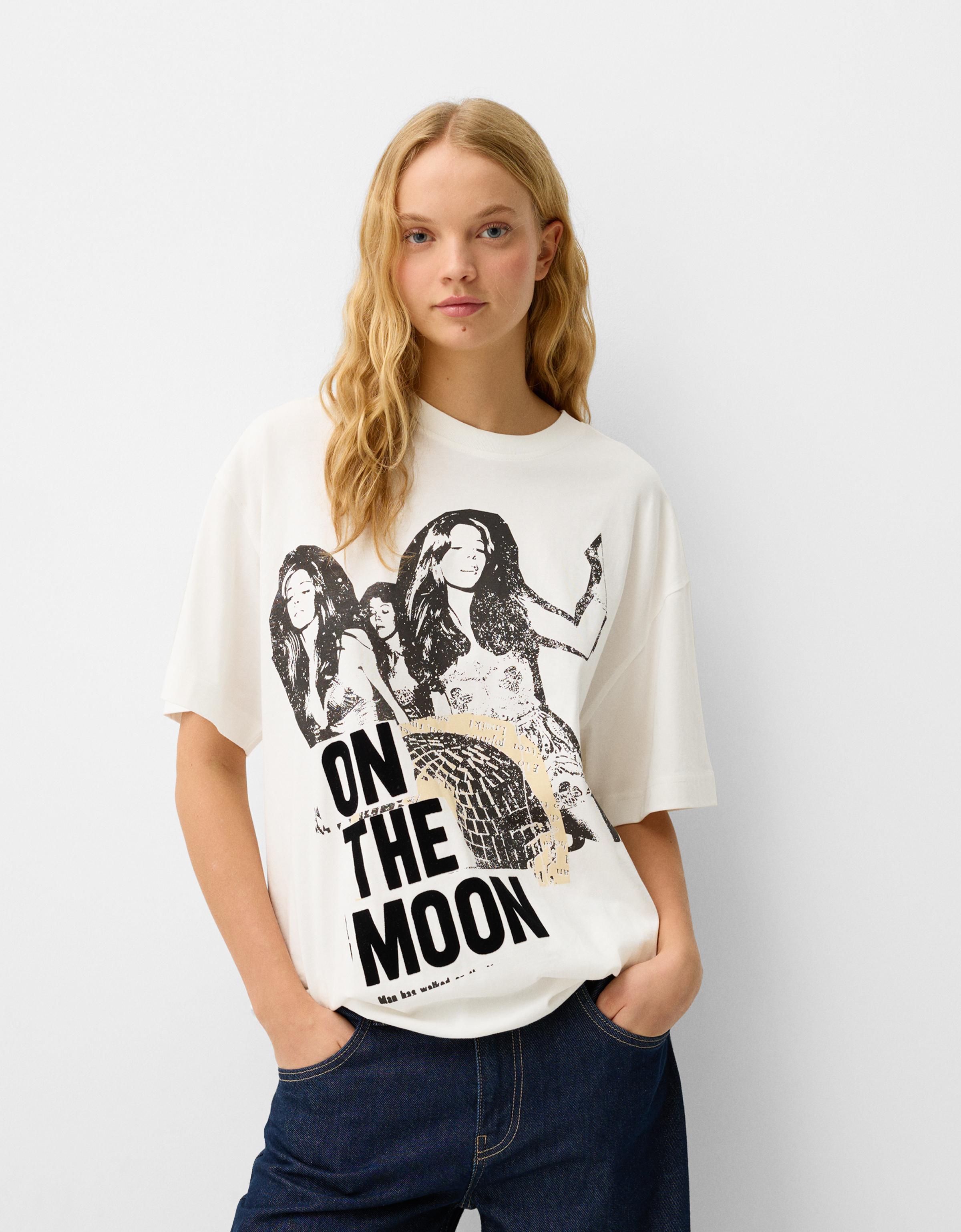 Bershka Oversize-T-Shirt Mit Print Damen M Rohweiß