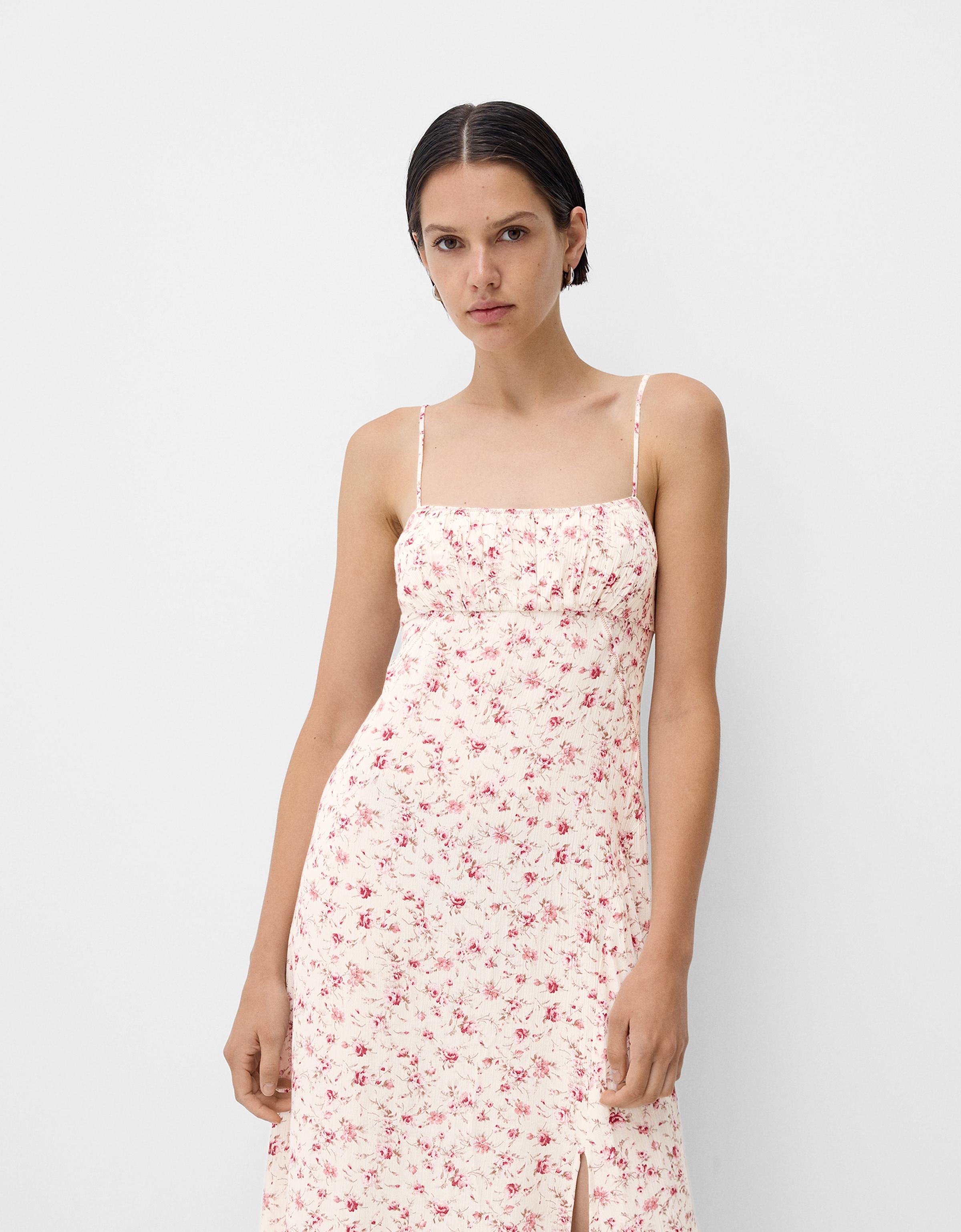 Bershka Gesmoktes Midikleid Mit Print Damen S Rosa