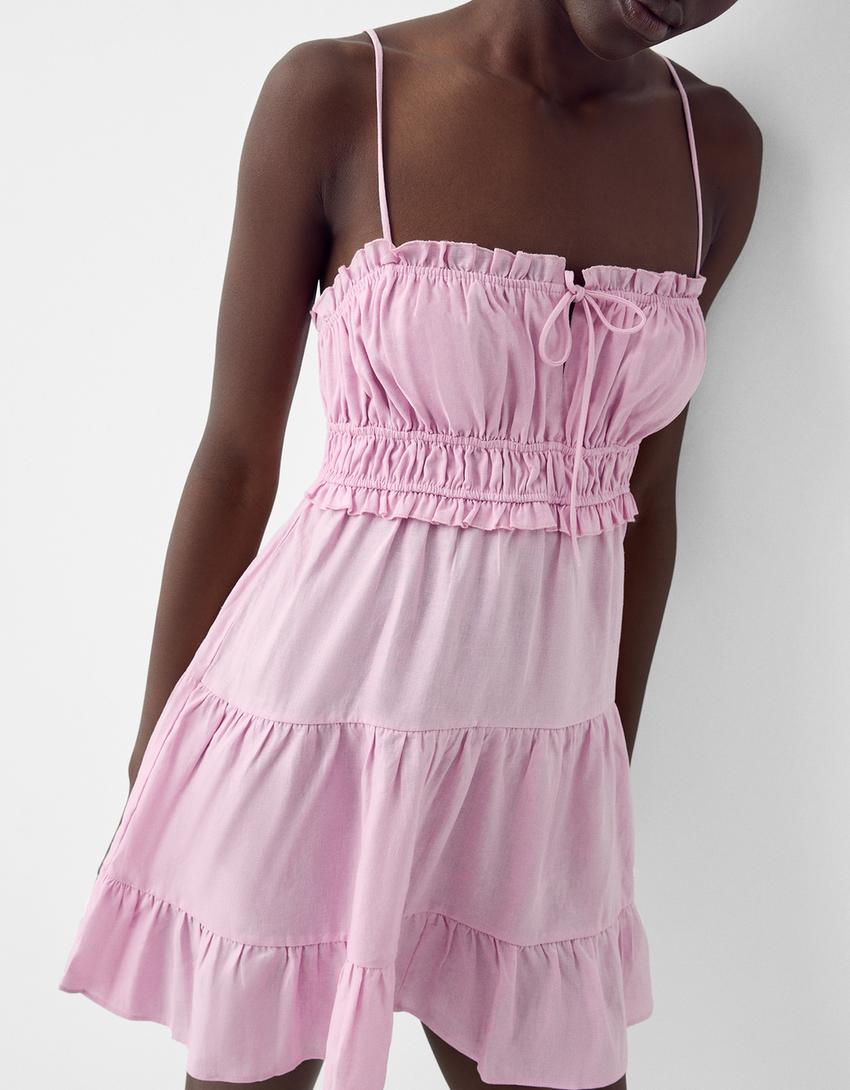 Vestido mini rústico volantes-Rosa-5