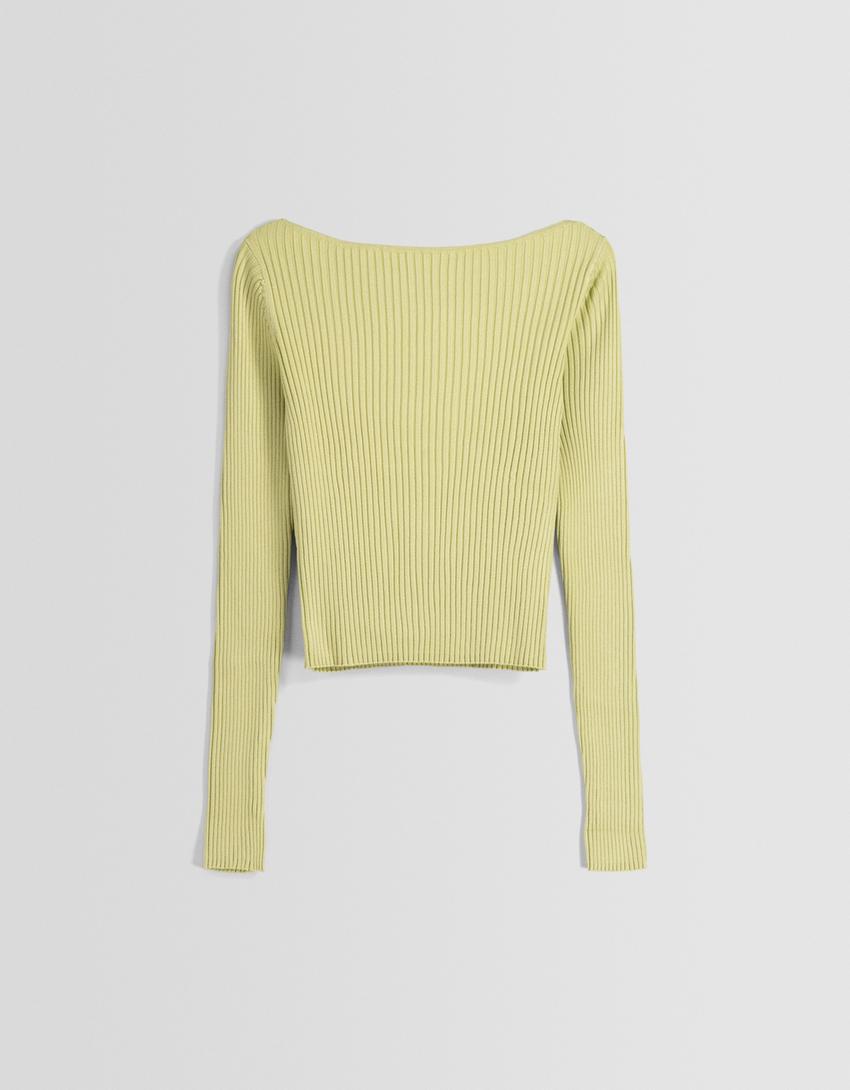 Ribbed boat neck sweater-Green-4
