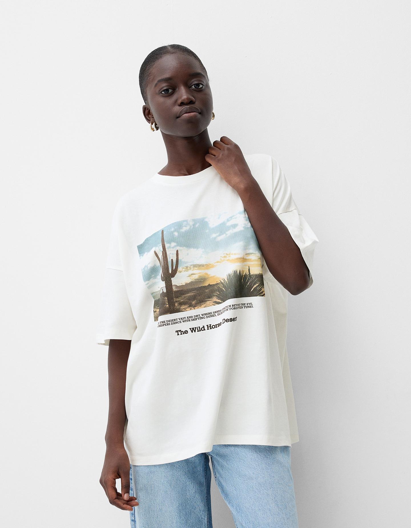 Bershka T-Shirt Mit Print Damen L Rohweiß