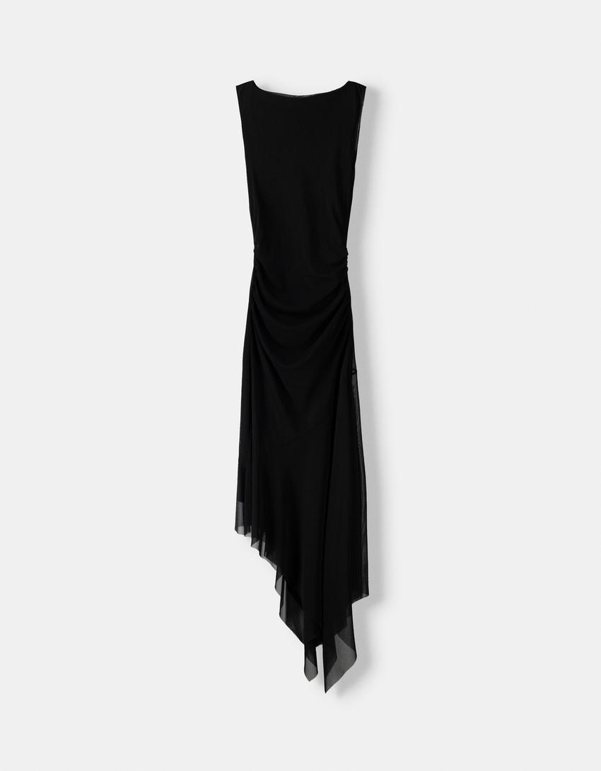 Sleeveless asymmetric tulle midi dress-Black-4