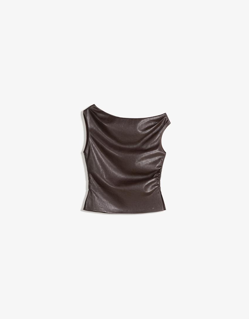 Asymmetric leather effect top-Brown
