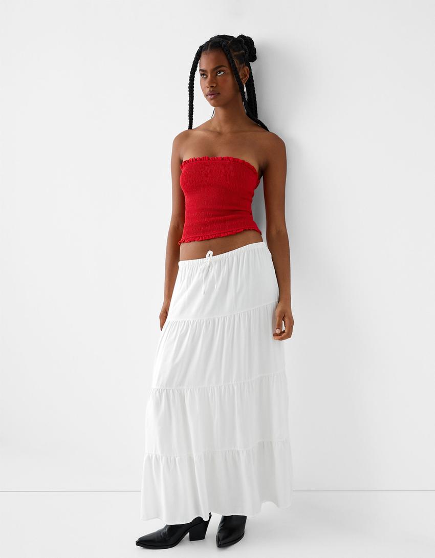 Midi skirt with elastic waist-White-0
