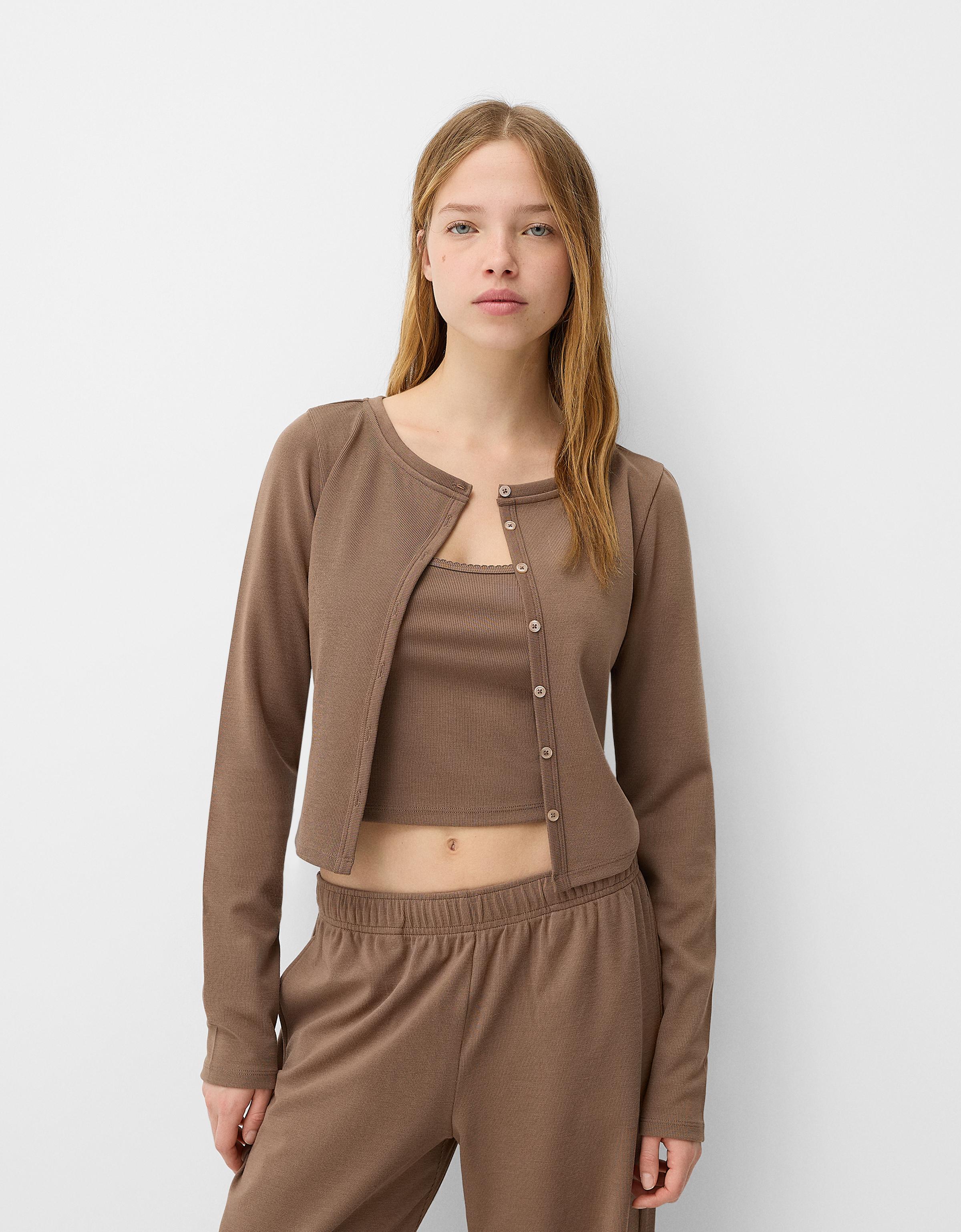 Bershka Strickjacke Mit Top Und Knöpfen Damen L Camel