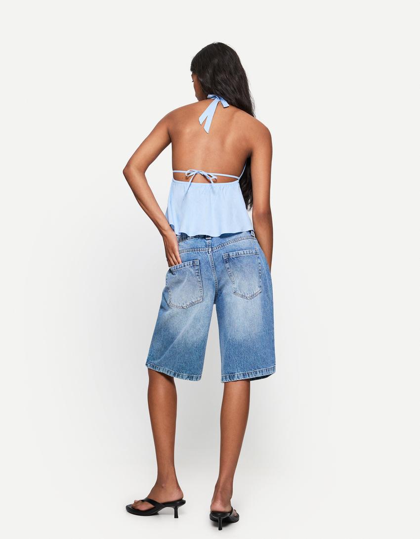 Linen blend halter top-Light blue
