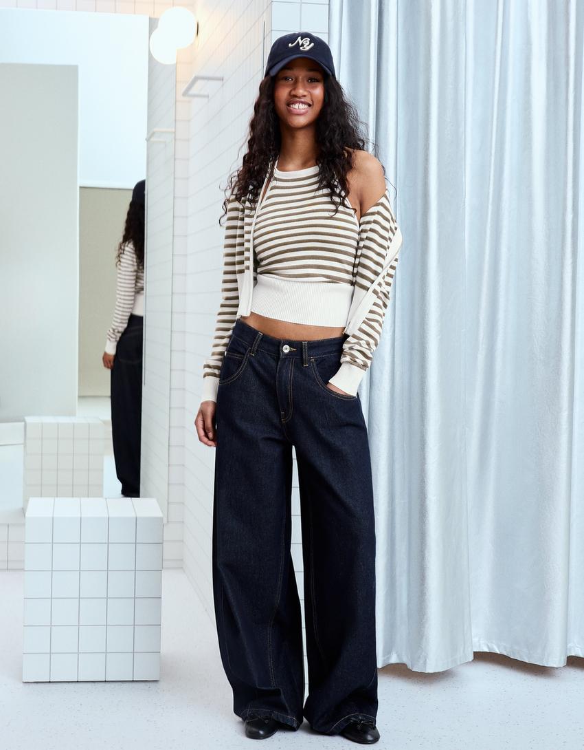 Zip-up striped hoodie-Blue