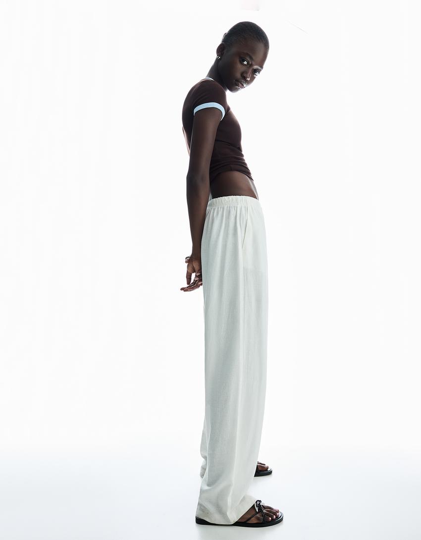 Pantaloni misto lino con elastico in vita-Bianco Roto-2