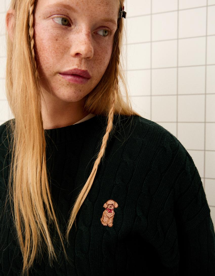 Embroidered cable-knit sweater-Green