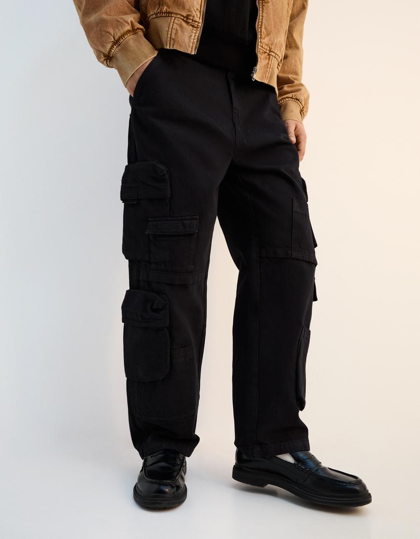 Çok kargo cepli baggy pantolon-Siyah-3