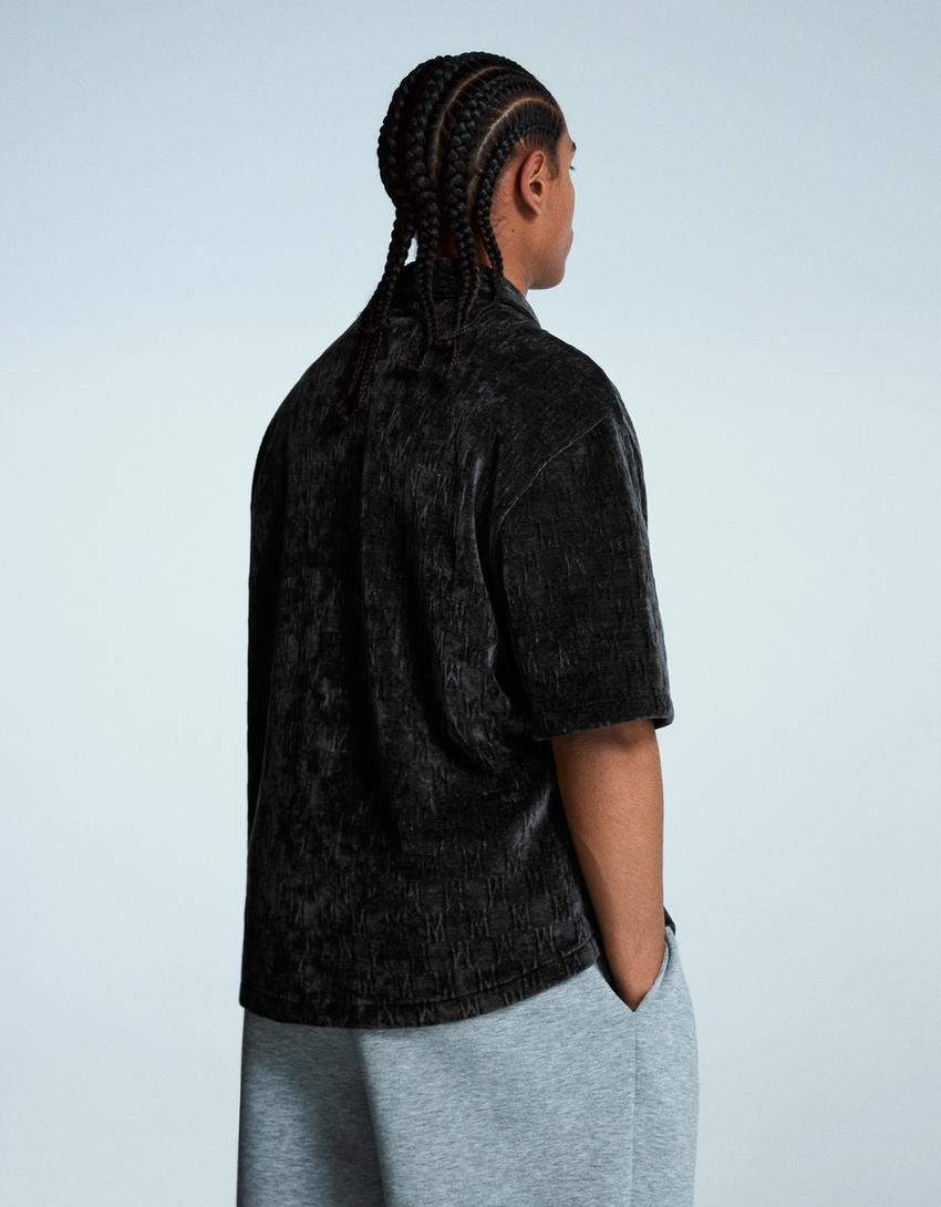 Camisa manga corta jacquard-Negro