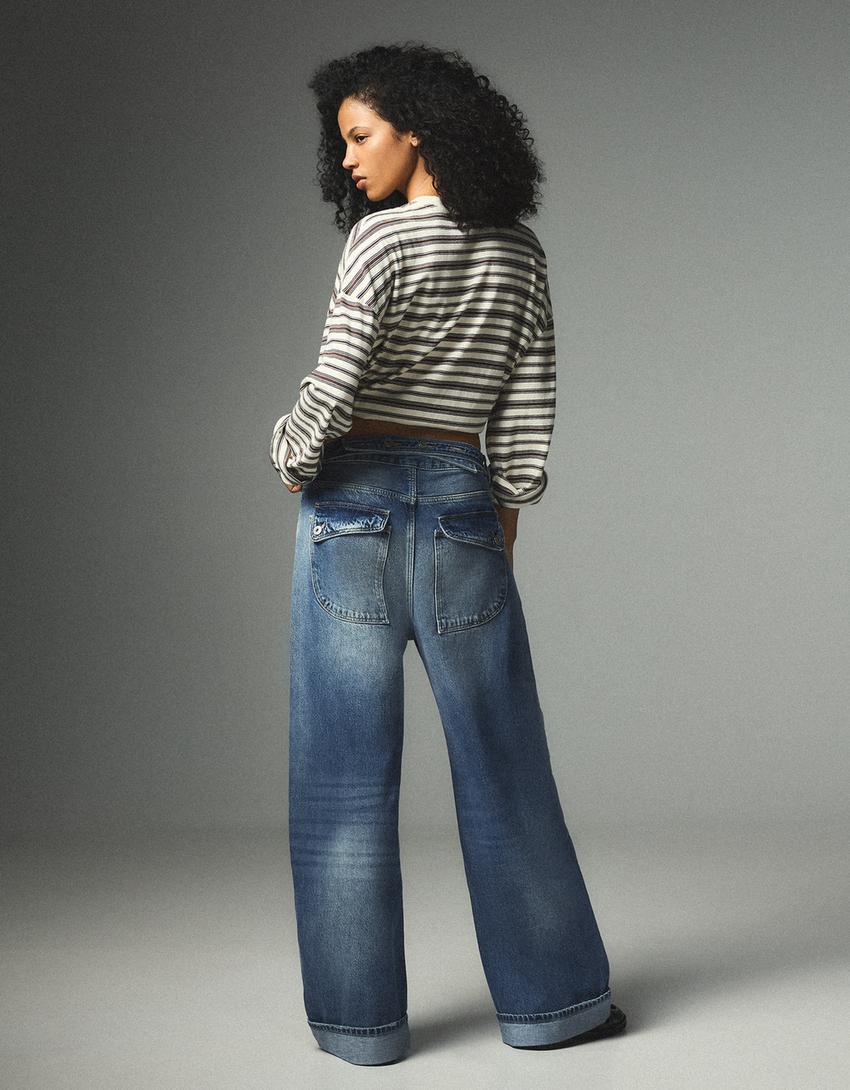 Balloon jeans with back buckle and rips-Light blue