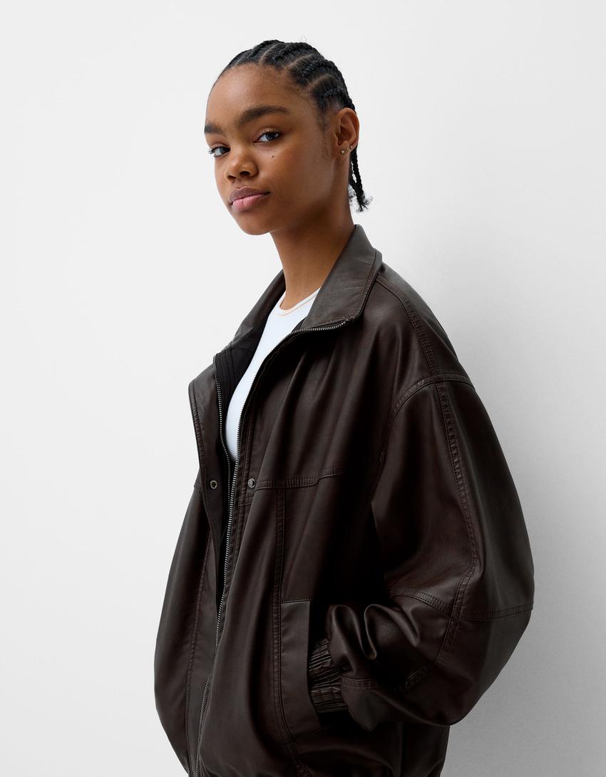 Giubbotto oversize in finta pelle-Marrone-2