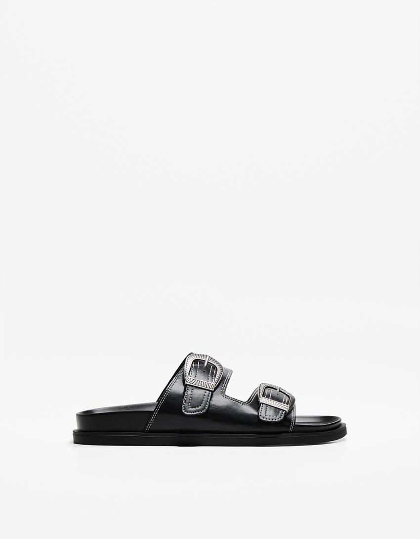 Flache Sandalen aus Leder mit Schnallen-Schwarz-0