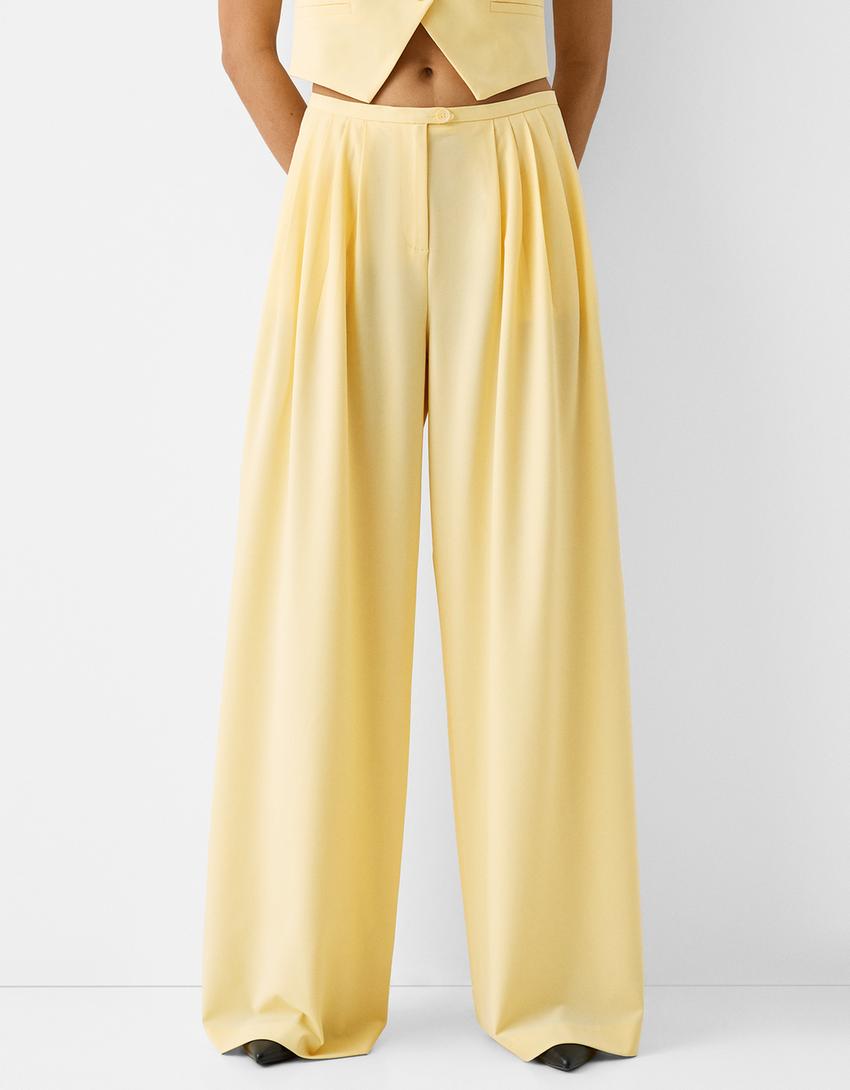 Calças tailored fit wide leg pregas-Amarelo-1